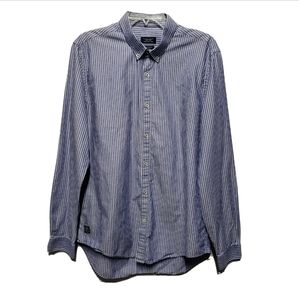 Zara Man Sz XL Blue White Striped Long Sleeve Button Front Shirt Elbow Patches